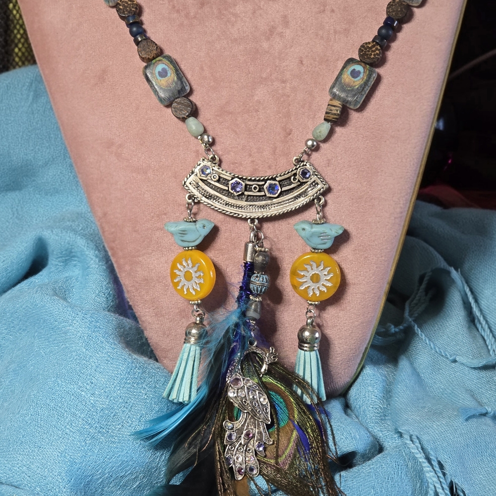 Turquoise and Yellow Boho Tassel & Peacock Pendant Necklace